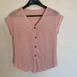 Women's Pink short-sleeved button-down casual blouse- L